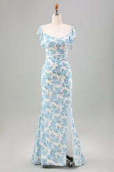 Weiß Blau Blume Meerjungfrau Langes Hochzeitsgastkleid mit Schlitz